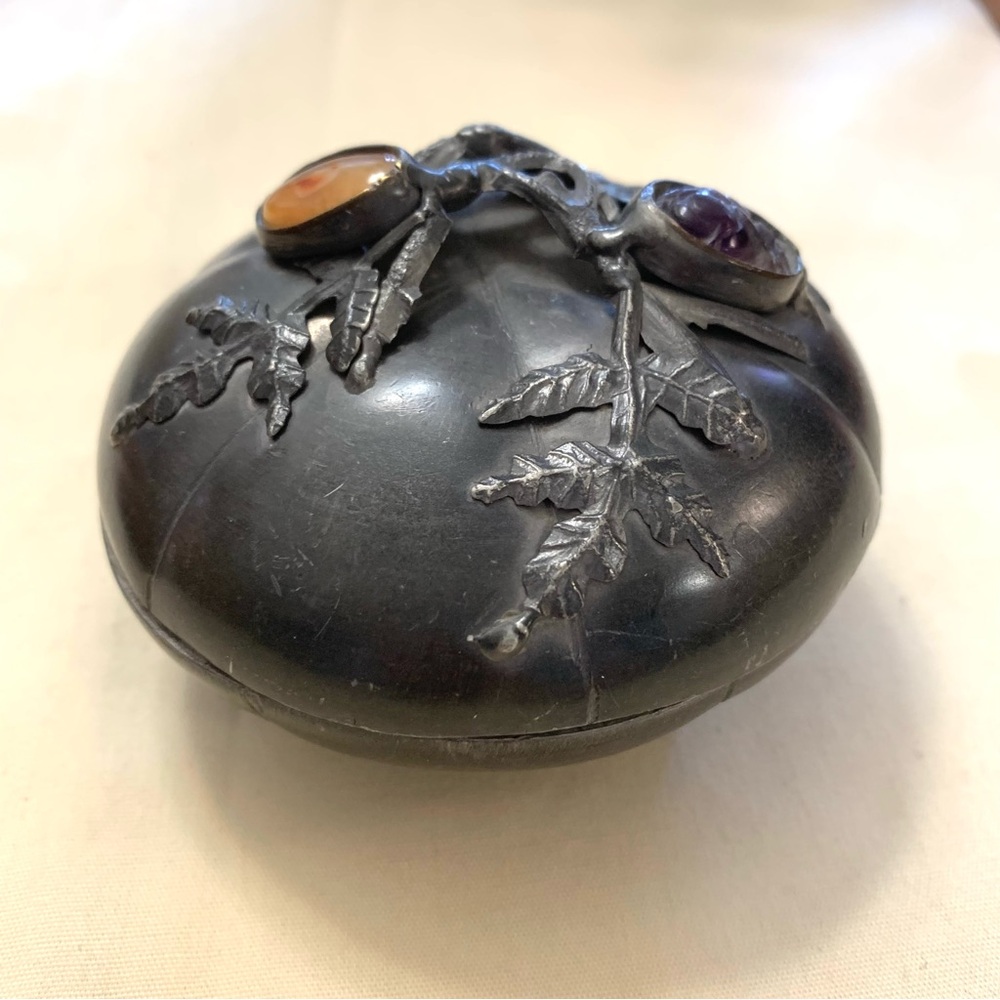 Antique Chinese Pewter Trinket box with semi precious stones